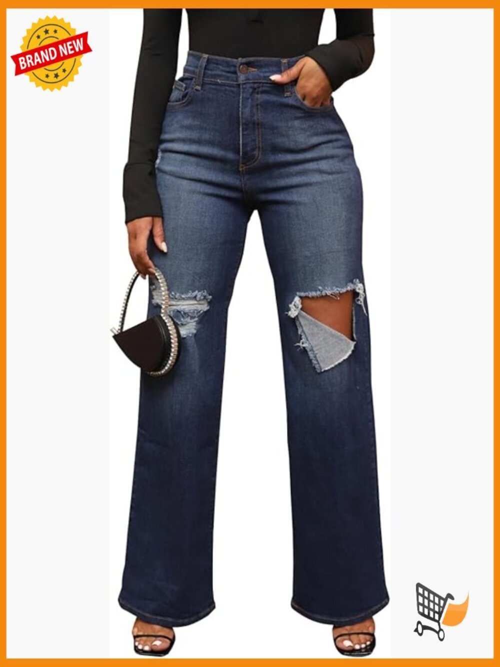 High Waisted Wide Leg Straight Jeans Baggy Stretch Denim Pants Y2K Distressed